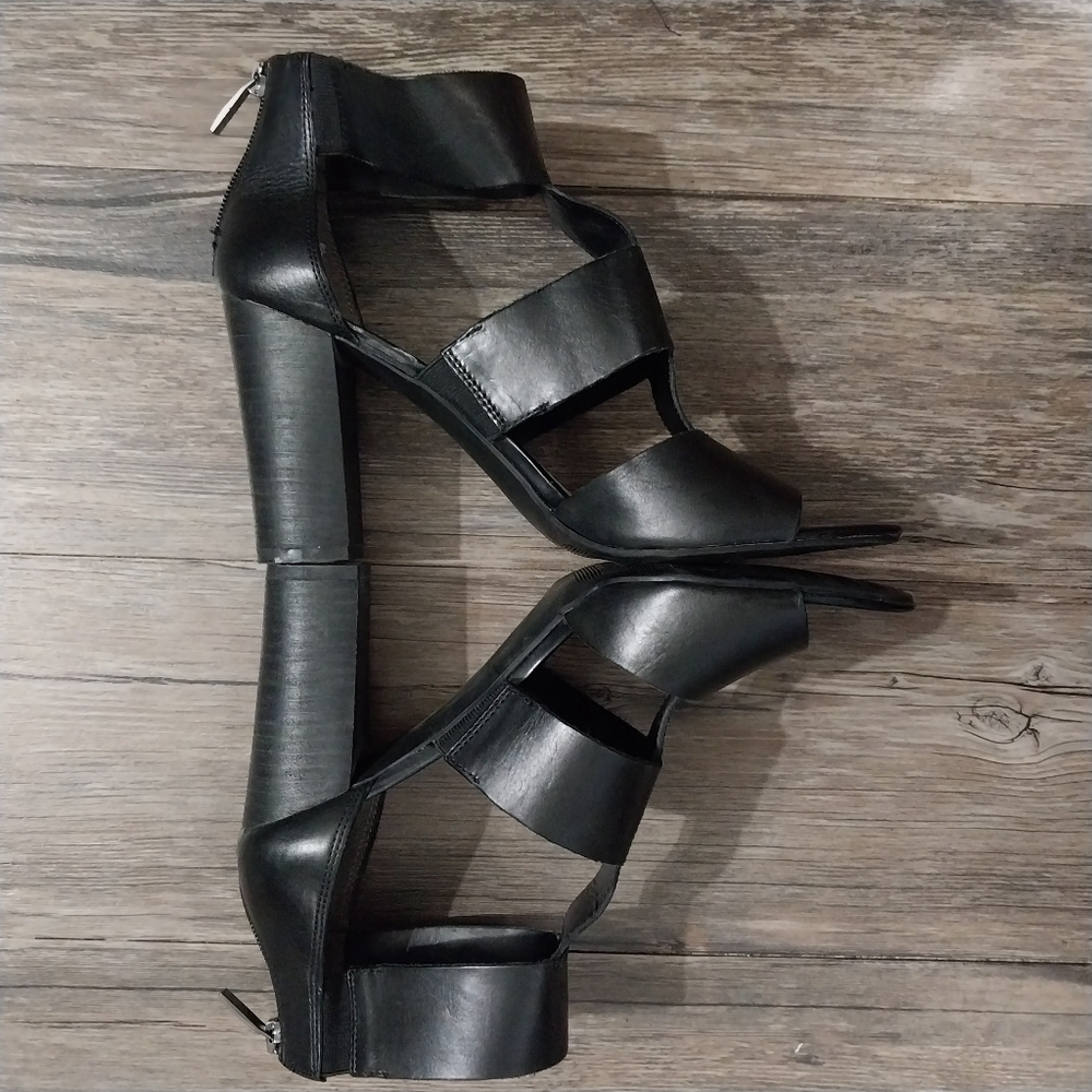 Franco Sarto Leather Strap Block Heel Sandals Women Size 9.5 Black High 4" Heels